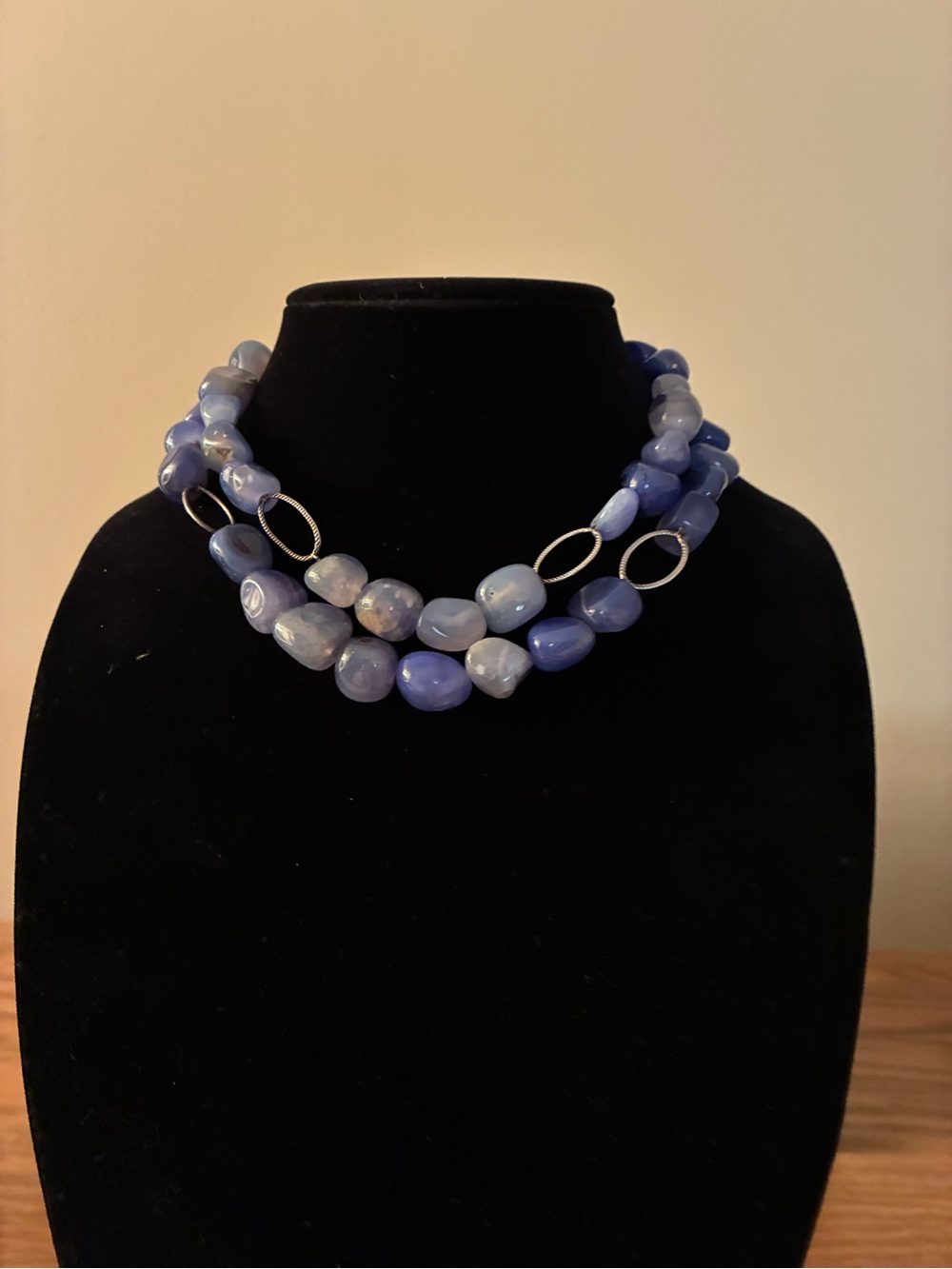 Double-Strand Blue Beaded Necklace with Silver Links